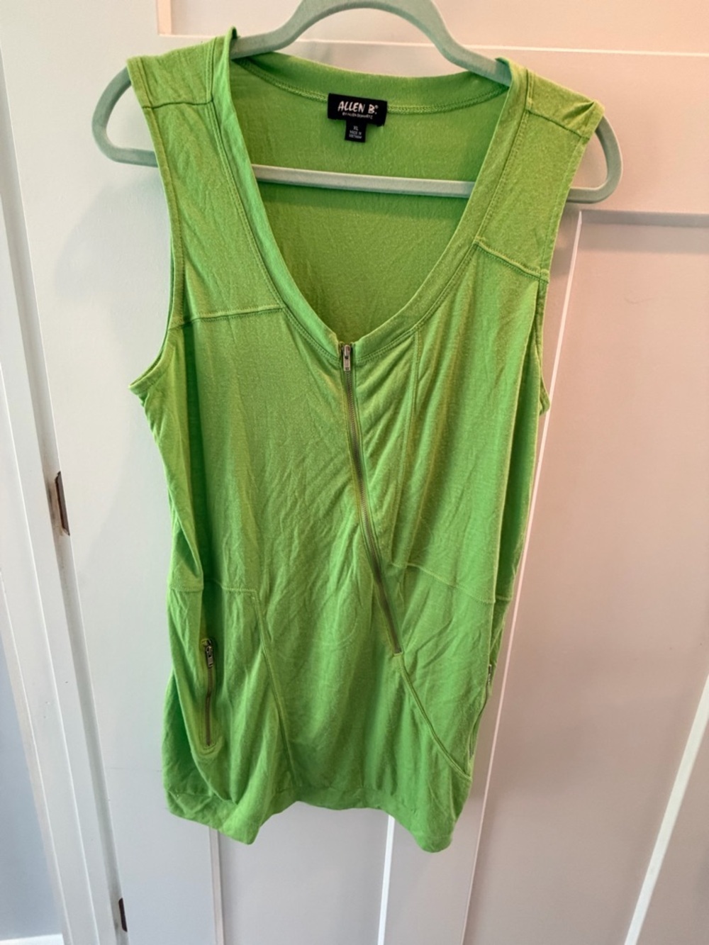Allen B Green Sleeveless Zip Front Top XL Casual Tunic Pockets Stretch